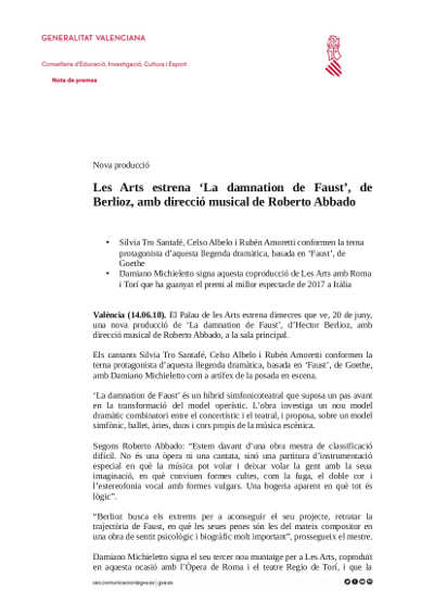 Les Arts estrena ‘La damnation de Faust’, de Berlioz, con dirección musical de Roberto Abbado