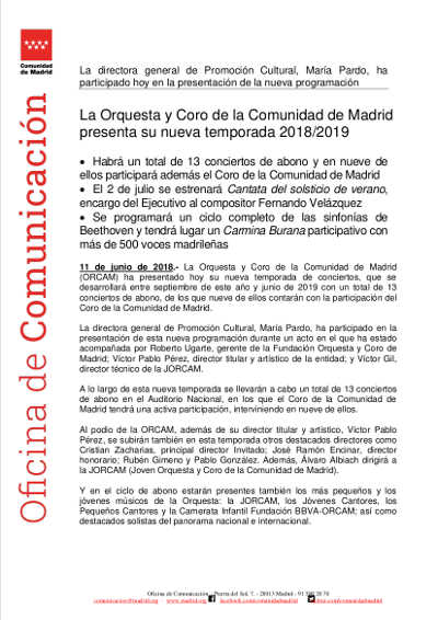 La Orquesta y Coro de la Comunidad de Madrid presenta su nueva temporada 2018/2019
