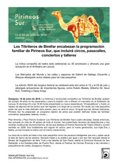 Los Titiriteros de Binéfar encabezan la programación familiar de Pirineos Sur