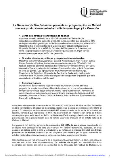 La Quincena de San Sebastián presenta su programación en Madrid