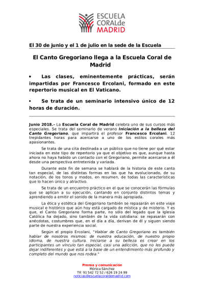 El Canto Gregoriano llega a la Escuela Coral de Madrid