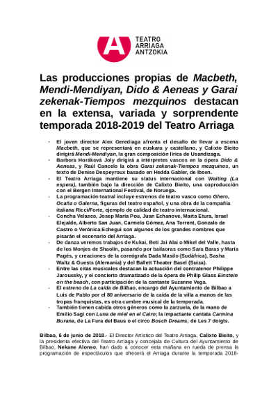 Producciones propias destacan en la sorprendente temporada 2018/2019 del Teatro Arriaga Producciones propias destacan en la sorprendente temporada 2018/2019 del Teatro Arriaga