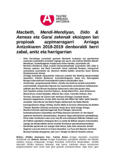 Producciones propias destacan en la sorprendente temporada 2018/2019 del Teatro Arriaga Producciones propias destacan en la sorprendente temporada 2018/2019 del Teatro Arriaga