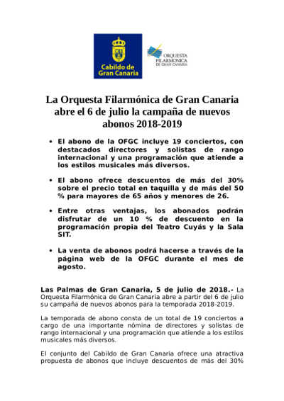 La Orquesta Filarmónica de Gran Canaria abre el 6 de julio la campaña de nuevos abonos 2018-2019