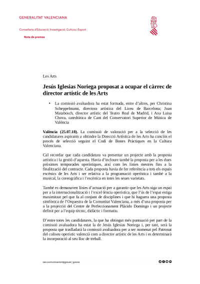 Jesús Iglesias Noriega propuesto a ocupar el cargo de director artístico de Les Arts Jesús Iglesias Noriega propuesto a ocupar el cargo de director artístico de Les Arts