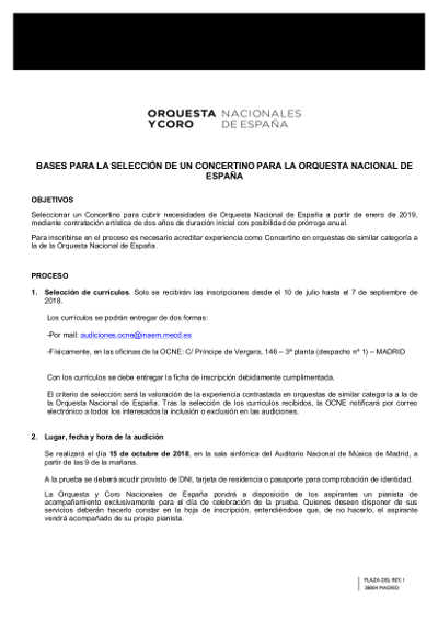 Selección para una plaza de concertino para la Orquesta y Coro Nacionales de España