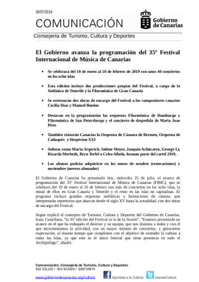 El Gobierno avanza la programación del 35º Festival Internacional de Música de Canarias