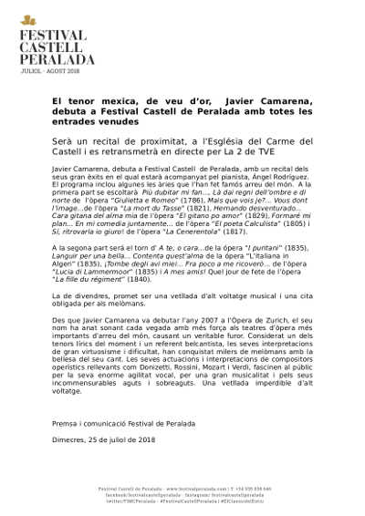 El tenor mejicano, de voz de oro, Javier Camarena, debuta en el Festival Castell de Peralada