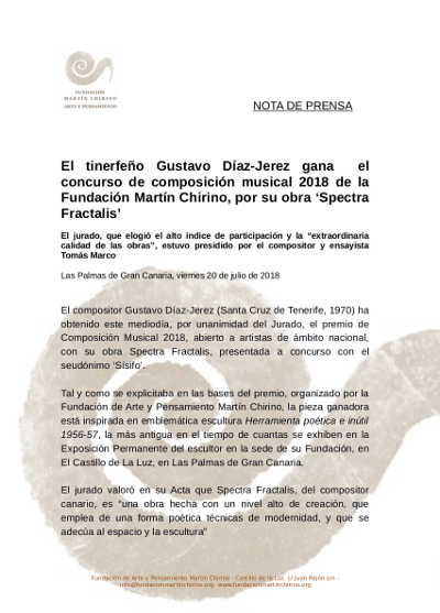 Gustavo Díaz-Jerez gana del Concurso  de Composición Musical Martín Chirino 2018