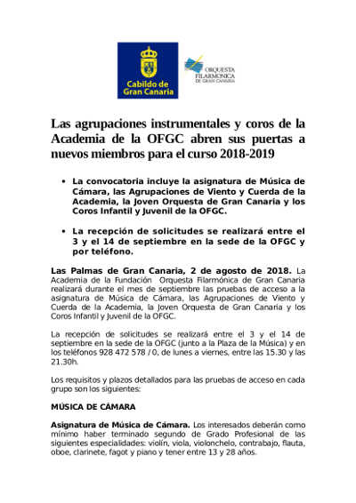 Las agrupaciones instrumentales y coros de la Academia de la OFGC abren sus puertas a nuevos miembros