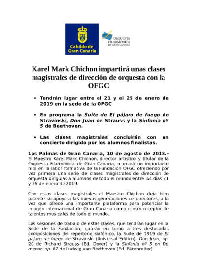 Karel Mark Chichon impartirá unas clases magistrales de dirección de orquesta con la OFGC