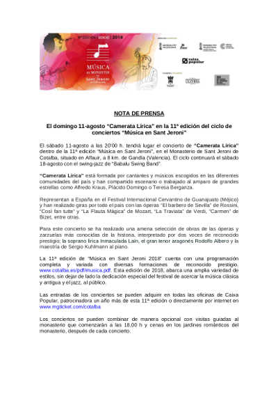 “Camerata Lírica” en la 11ª edición del ciclo de conciertos “Música en Sant Jeroni”