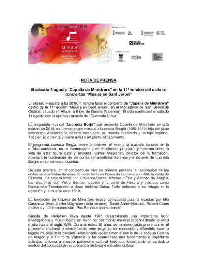 “Capella de Ministrers” en la 11ª edición del ciclo de conciertos “Música en Sant Jeroni”