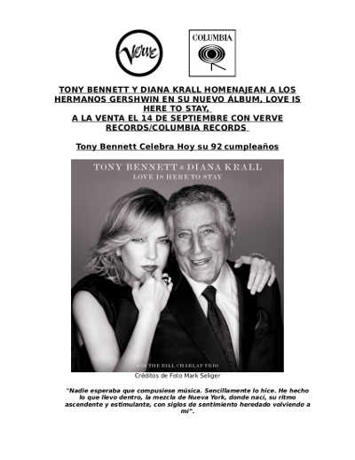Tony Bennet y Diana Krall homenajean a los hermanos Gershwin en su nuevo álbum