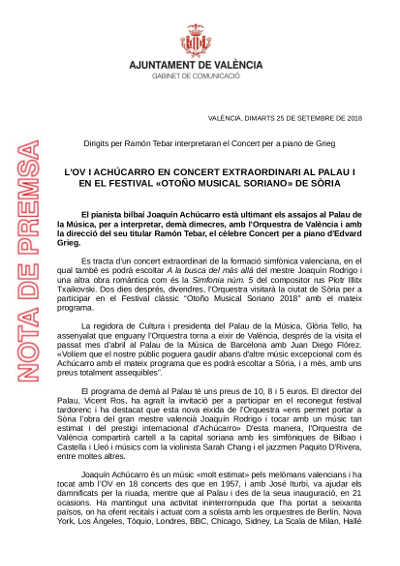 La Orquesta de Valencia y Achúcarro en concierto extraordinario en el Palau…