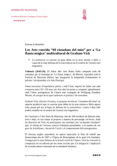 Les Arts invita a “60 ciudadanos del mundo” para ‘La flauta mágica’
