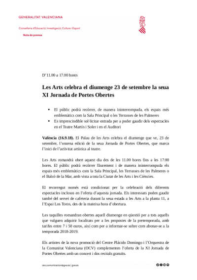 Les Arts celebra el domingo 23 de septiembre su XI Jornada de Puertas Abiertas Les Arts celebra el domingo 23 de septiembre su XI Jornada de Puertas Abiertas