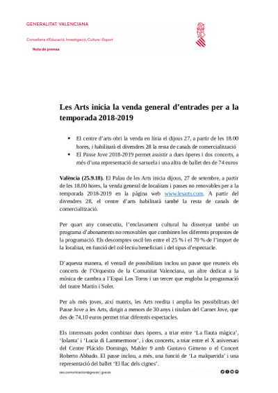 Les Arts inicia la venta general de entradas para la temporada 2018-2019