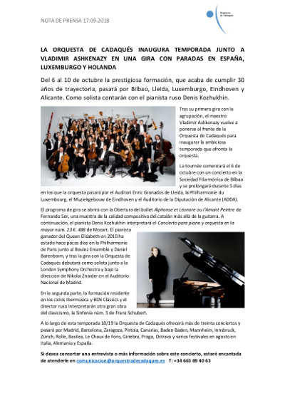 La Orquesta de Cadaqués inaugura temporada junto a Vladimir Ashkenazy