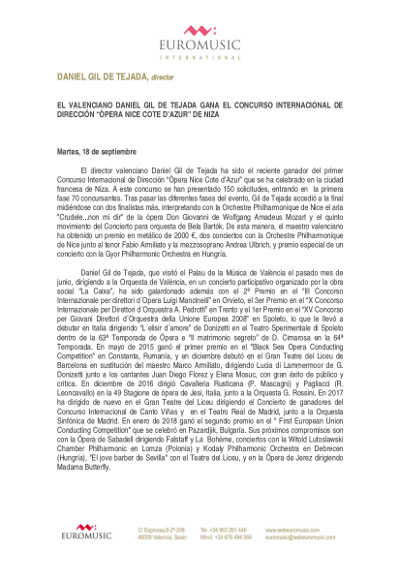 El valenciano Daniel Gil de Tejada, gana el Concurso Internacional de Dirección de Niza