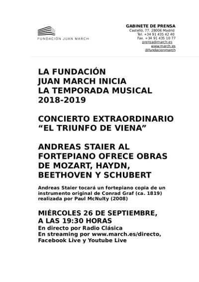 Fundación Juan March abre su temporada musical 2018-2019 con un concierto extraordinario