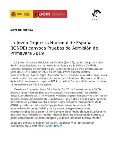 La Joven Orquesta Nacional de España, convoca pruebas de acceso 2019