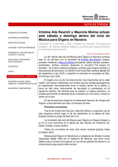 Cristina Alís Raurich y Mauricio Molina actúan este sábado y domingo dentro del ciclo de Música para Órgano en Navarra