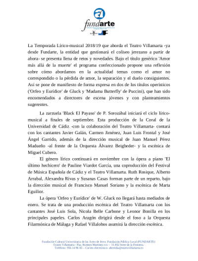 El Teatro Villamarta anuncia su Temporada Lírica 2018/2019
