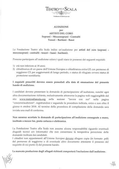 La Scala de Milán convoca nuevas audiciones para todas las voces del coro La Scala de Milán convoca nuevas audiciones para todas las voces del coro