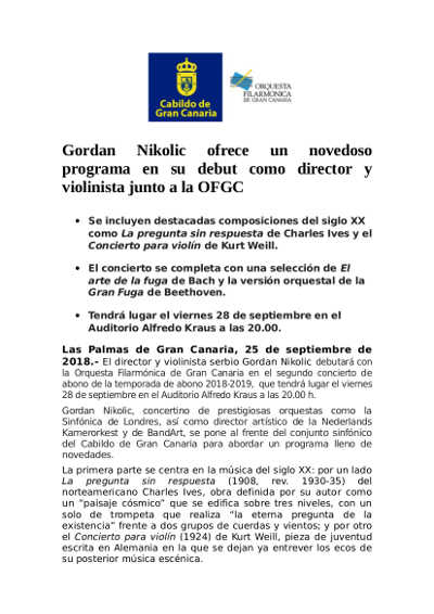 Gordan Nikolic ofrece un novedoso programa en su debut como director y violinista junto a la OFGC