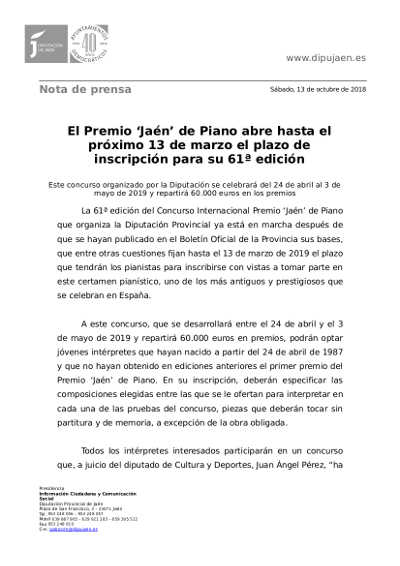 El Premio ‘Jaén’ de Piano abre hasta el 13 de marzo el plazo de inscripción para su 61ª edición