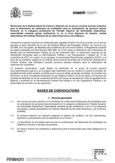 INAEM convoca audiciones para la bolsa de empleo del Coro Nacional