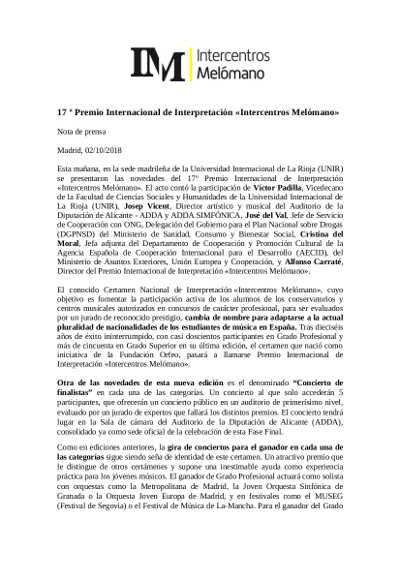 Presentación de las novedades de 17º edición Premio Internacional de Interpretación «Intercentros Melómano»
