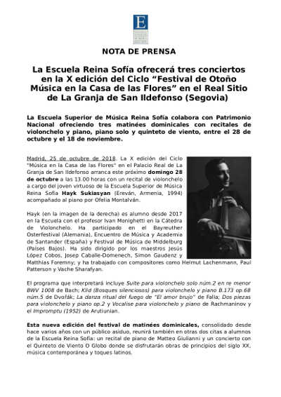 La Escuela Reina Sofía ofrecerá tres conciertos en la X edición del Ciclo “Festival de Otoño Música en la Casa de las Flores”