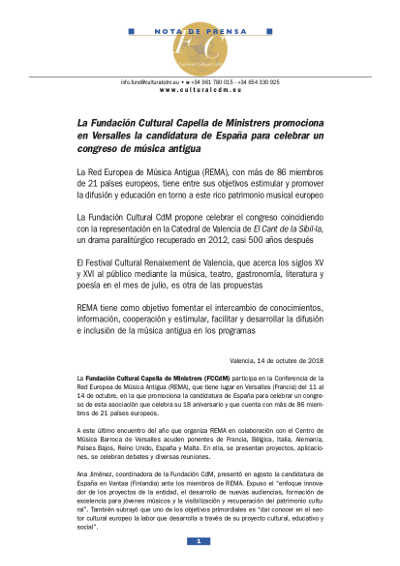 Fundación Cultural Capella de Ministrers promociona en Versalles la candidatura de España