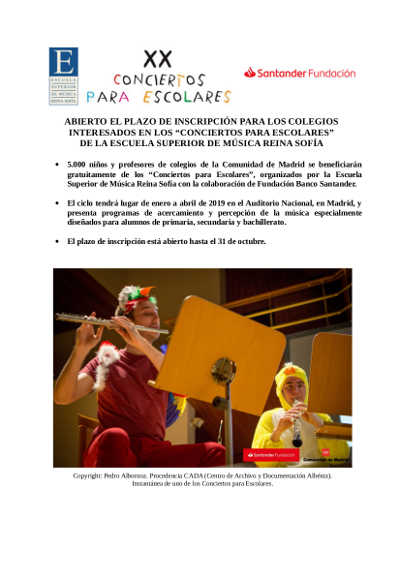 Abierto el plazo de inscripción para colegios interesados en «Conciertos para escolares» de la ESMRS