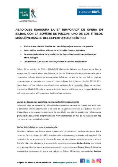 ABAO-OLBE inaugura la 67º temporada de ópera con La Bohème de Puccini