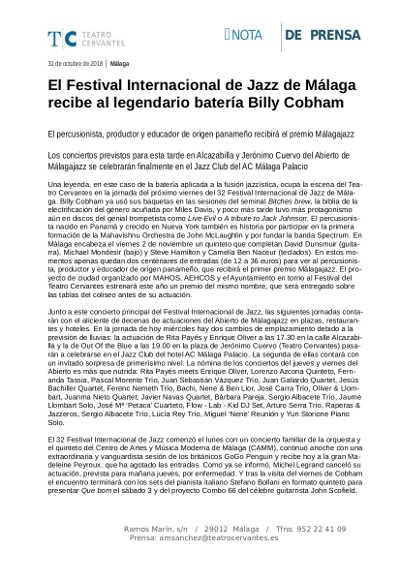 El Festival Internacional de Jazz de Málaga recibe al legendario batería Billy Cobham