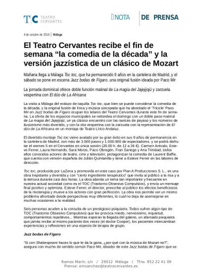 El Teatro Cervantes recibe el fin de semana “la comedia de la década” y la versión jazzística de un clásico de Mozart El Teatro Cervantes recibe el fin de semana “la comedia de la década” y la versión jazzística de un clásico de Mozart