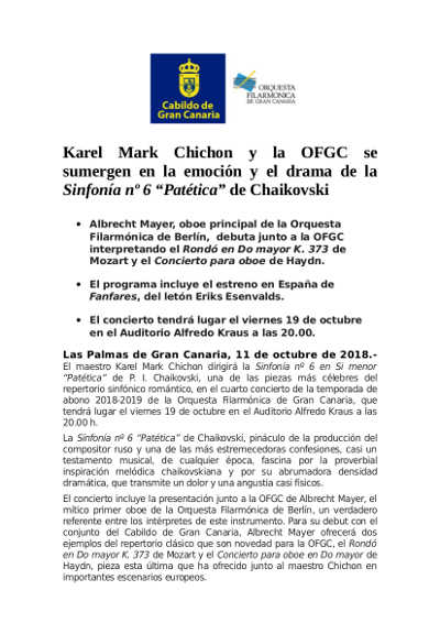 Karel Mark Chichon y la OFGC se sumergen en la emoción y el drama de la Sinfonía nº 6 “Patética” de Chaikovski Karel Mark Chichon y la OFGC se sumergen en la emoción y el drama de la Sinfonía nº 6 “Patética” de Chaikovski