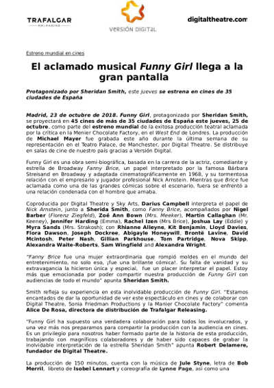 Estreno mundial en cines del aclamado musical Funny Girl. Protagonizado por Sheridan Smith