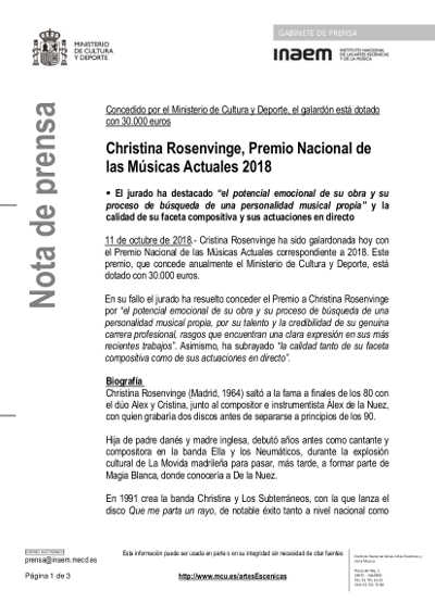 Christina Rosenvinge, Premio Nacional de las Músicas Actuales 2018