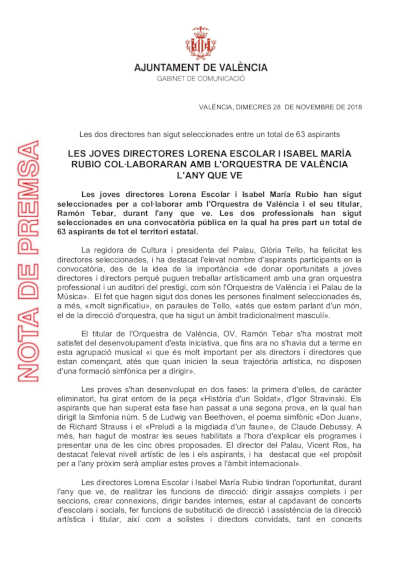 Las jóvenes directoras Lorena Escolar e Isabel María Rubio colaborarán con la Orquesta de València