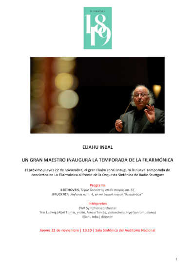 El gran maestro Eliahu Inbal, inaugura la temporada de La Filarmónica