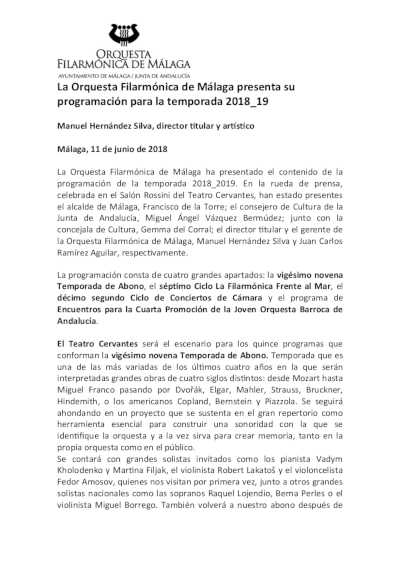 La Orquesta Filarmónica de Málaga presenta su programación para la temporada 2018 – 2019