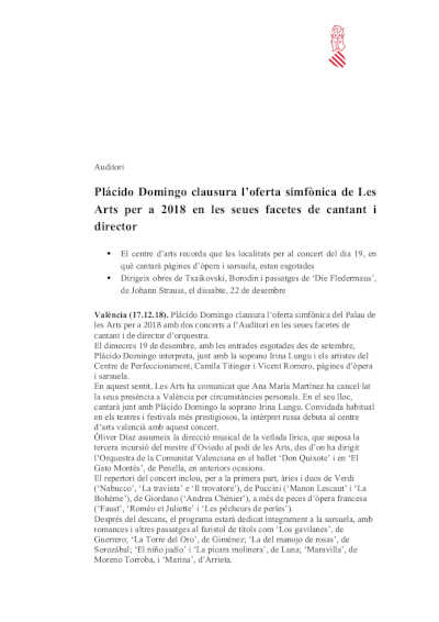 Plácido Domingo clausura la oferta sinfónica de Les Arts para 2018 en sus facetas de cantante y director