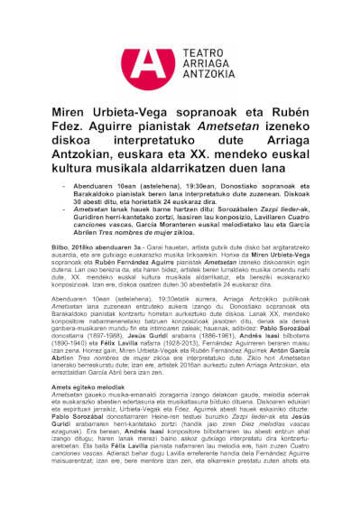 La soprano Miren Urbieta-Vega y el pianista Rubén Fdez. Aguirre interpretan su disco Ametsetan