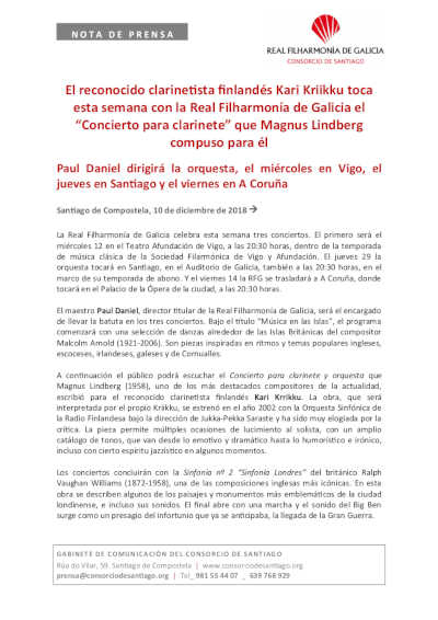 El reconocido clarinetista finlandés Kari Kriikku toca esta semana con la Real Filharmonía de Galicia