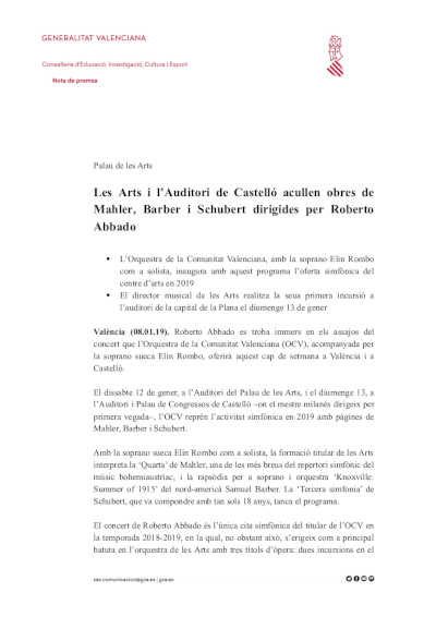 Les Arts y el Auditori de Castellón acogen obras de Mahler, Barber y Schubert dirigidas por Roberto Abbado