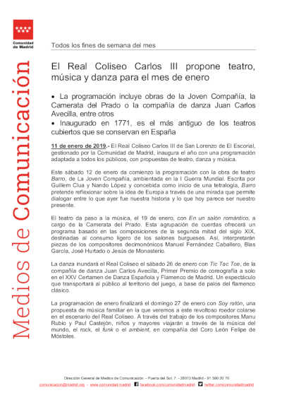 El Real Coliseo Carlos III propone teatro, música y danza para el mes de enero El Real Coliseo Carlos III propone teatro, música y danza para el mes de enero